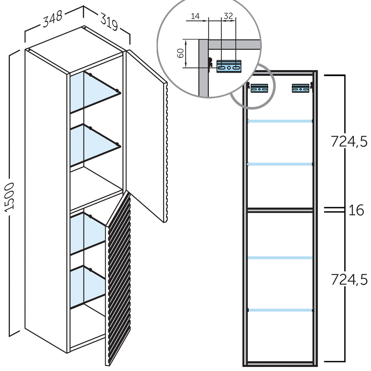 Badeværelsesskab Høj 35x150 cm Tenfors Stilja Valnød