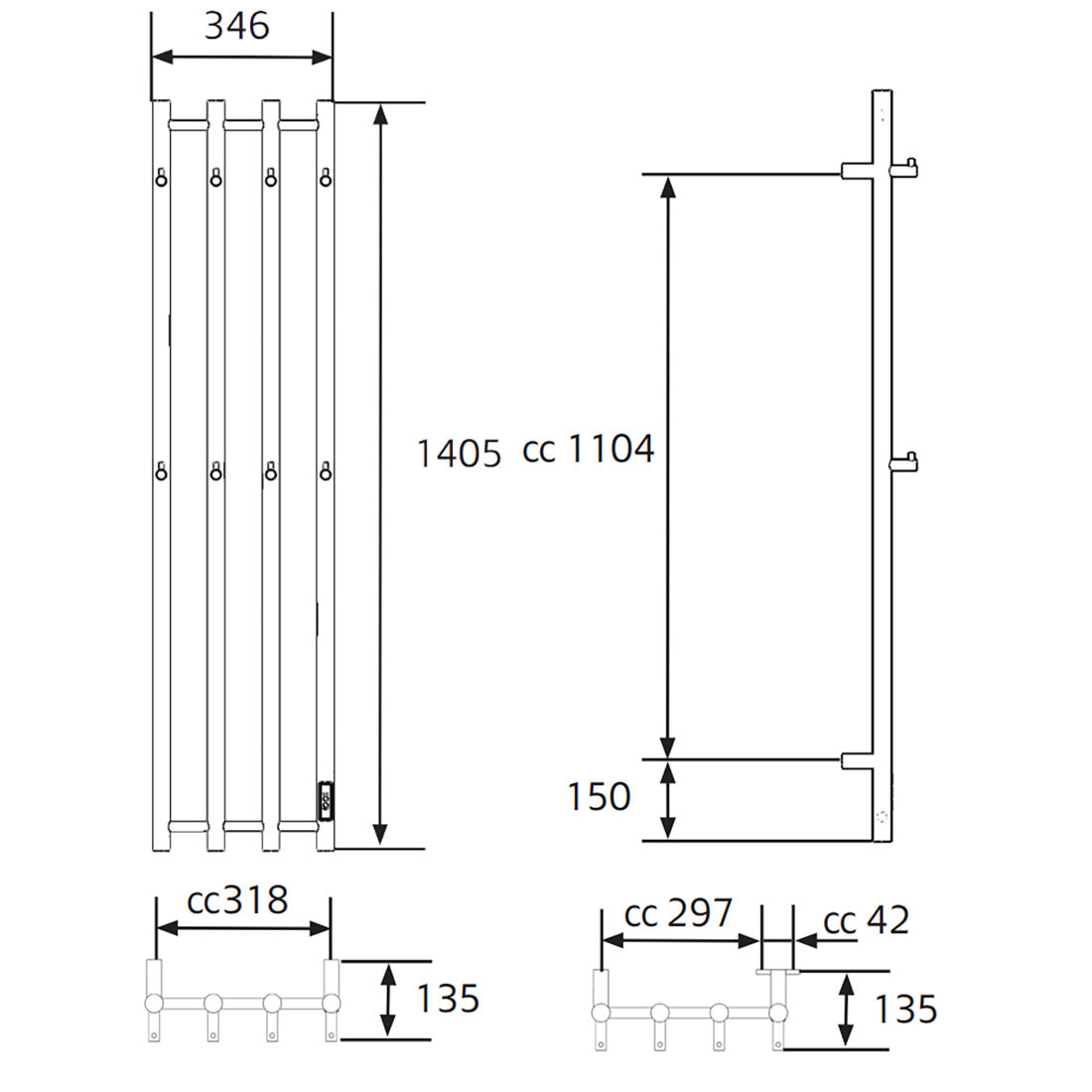 Håndklædetørrer Hafa Grace 340x1400 Rustfri Blank