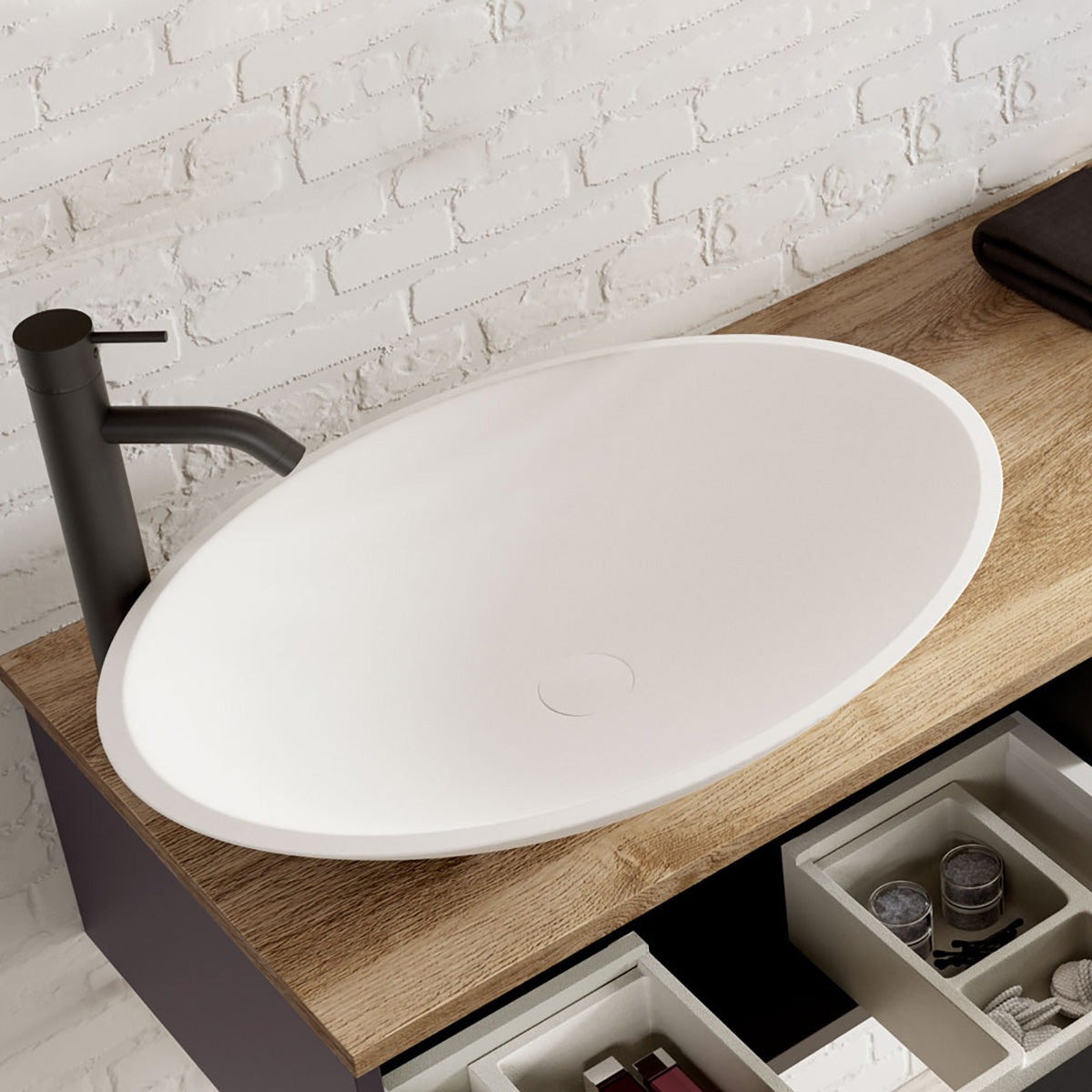 Håndvask Solid Surface Tenfors Oval 57x41 cm Hvid Mat
